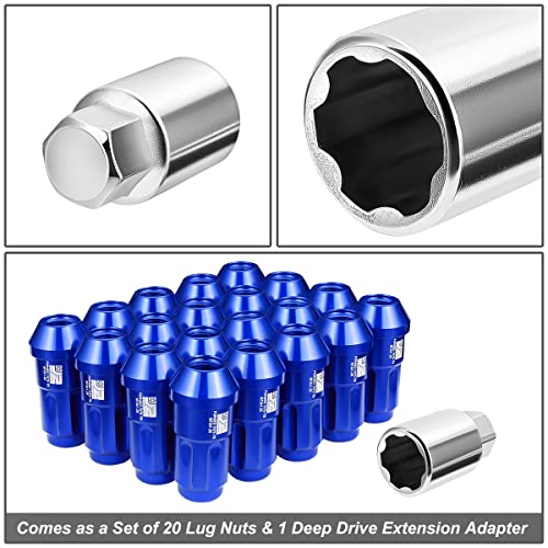 J2 Engineering J2-LN-T7-035-125-BL 20Pcs M12 x 1.25 T6-7075 Aluminum 50mm Closed End Lug Nuts w/Deep Drive Extension Adapter,Blue, 24mm x 50mm
