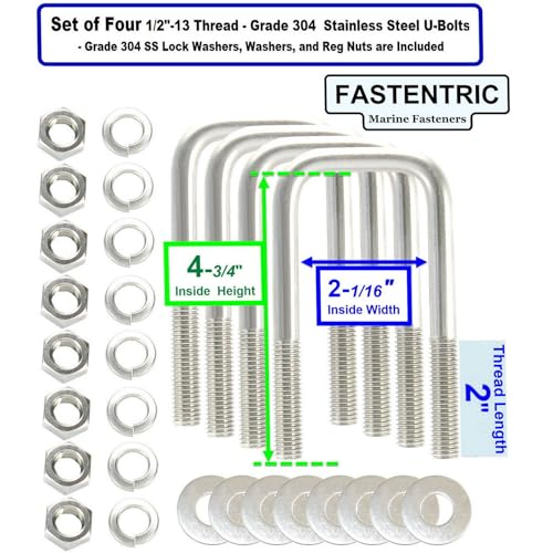Made in The U.S.A. (4) 304 Stainless Steel Square U-Bolts 1/2" Diameter x 2-1/16" Inside Width x 4-3/4" Inside Height w/SS LockWashers, Nuts, Washers for Boat & Utility Trailers Fits Over 2" Metal