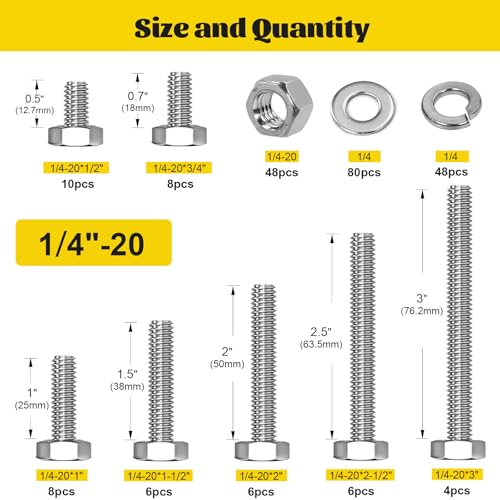 164PCS Metric M8-1.25 Flange Head Bolts Assortment Kit & 224PCS SAE 1/4''-20 Hex Bolts Assortment Kit with Nuts, Washers