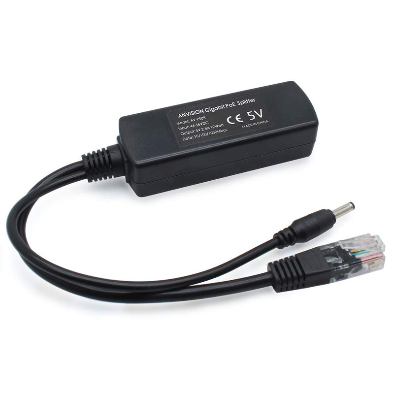 ANVISION 5V Gigabit PoE Splitter, 48V to 5V 2.4A Adapter, Plug 3.5mm x 1.35mm, 5.5mm x 2.1mm Connector, IEEE 802.3af Compliant, for IP Camera and More