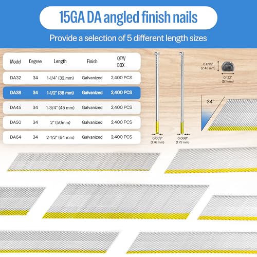 meite 15 Gauge 34 Degree Finish Nails Set 1-1/2'' Inch & 2 Inch Galvanized Angled Finishing Nails for Finish Nailer Gun - Cabinet Crown Baseboard Door Trim