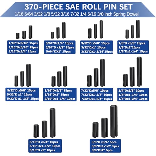 SAE Roll Pin Set, 370 Pcs Roll pin Assortment, Slotted Spring Pins 370pcs SAE Roll Pin