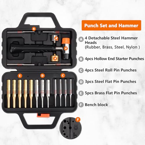 Pridefend Punch Set,Brass Punch Set and Roll Pin Punch Set Made of Solid Material Including Steel Pin Punch Set and Bench Block, Hammer with Detachable Heads,Punch Set with Portable Storage Case Brass Pin Punch Set