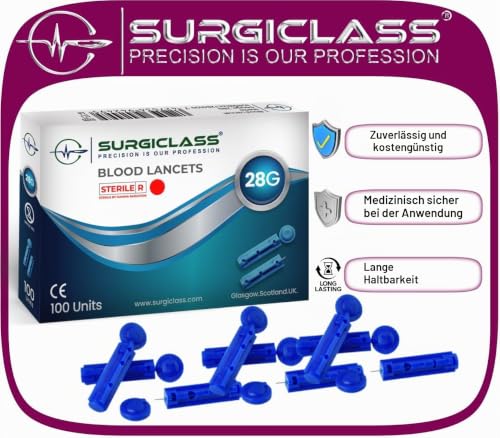 Sterile Blood Lancets Size 28G, Pack of 100, Compatible with SD CodeFree, Medisana, Easy Blood Sample Removal, eg for Diabetes Measurement in Blood Sugar SurgibldLT28G100