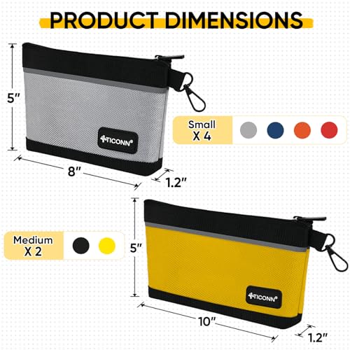 TICONN Tool Pouches with Zipper 6 Pack Combo + Clear Tool Pouches 6 Pack Combo