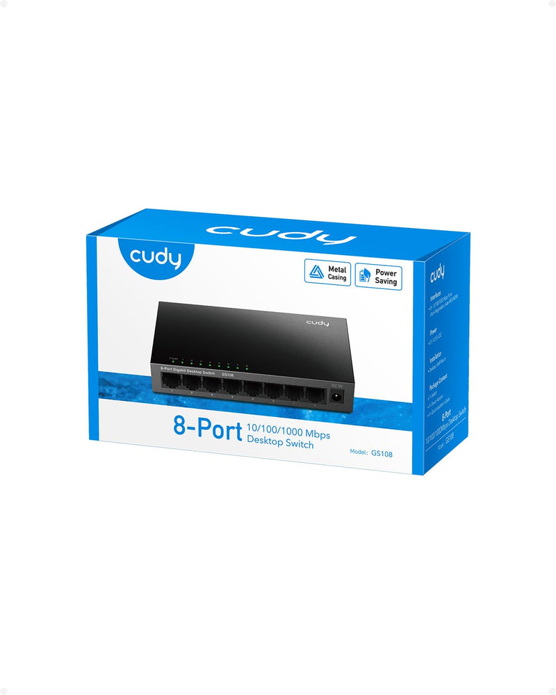 Cudy GS108 8 Port Gigabit Unmanaged Ethernet Network Switch , Ethernet Splitter Plug & Play Fanless Metal Design Shielded Ports Traffic Optimization