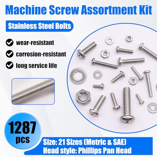 2135PCS Black M3 Metric Screw Assortment Kit + 1287Pcs Nuts and Bolts Assortment Kit, Machine Screws Hardware Assortment Kit, Metric & SAE Phillips Pan Head Stainless Steel Bolts