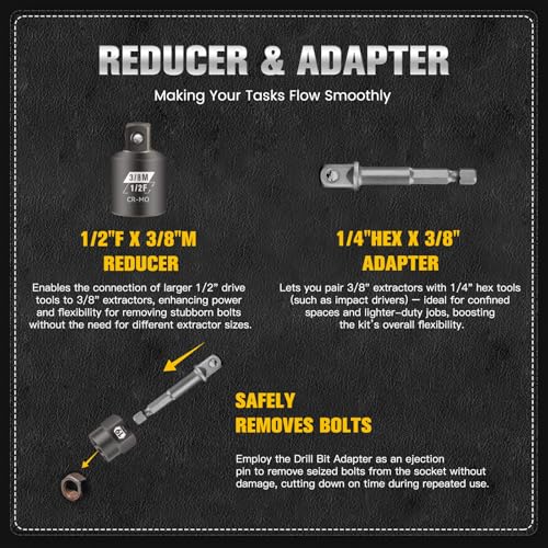 27-Piece Bolt Extractor kit, Easy Out Screw Extractor Set with Left Hand Cobalt Drill Bits, Hex Adapter, 1/2" F to 3/8" M Reducer for Broken, Damaged, Rusted, Rounded-Off Bolts, Nuts