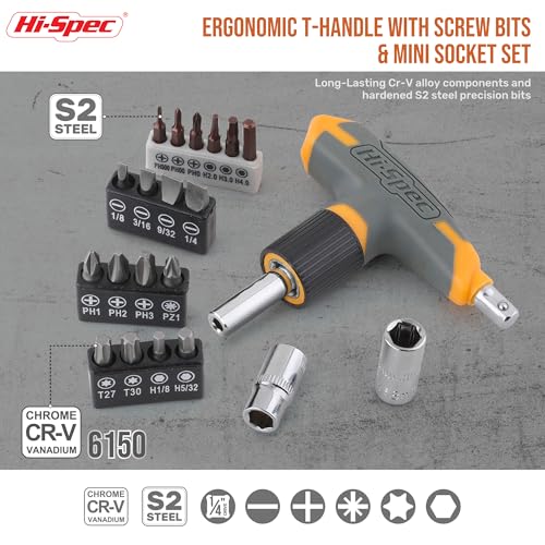 Hi-Spec Magnetic T-Handle Ratchet Wrench and Screwdriver Set with Toolbox Pale Yellow