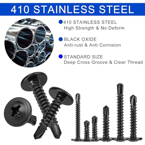 500Pcs Black Self Tapping Screws for Metal, 410 Stainless Steel, #8#10 Truss Head Self Drilling Screws, Sheet Metal Screws, Phillips Drive Deck Screws Kit with 1 Bits, Length 1/2" to 1-1/4''