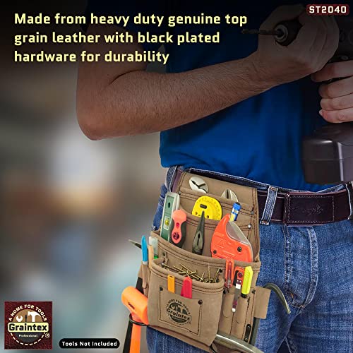 GRAINTEX ST2040 10 Pocket Nail & Tool Pouch Natural Top Grain Leather for Framers, Constructors, Electricians, Plumbers, Handyman