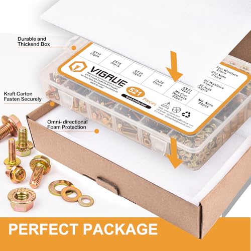 VIGRUE 521PCS M6 M8 M10 Flange Bolts Assortment Kit Metric Class 8.8 Serrated Hex Cap Flange Hex Bolts Flange Nuts Assorted Set, Coarse Full and Half Threads