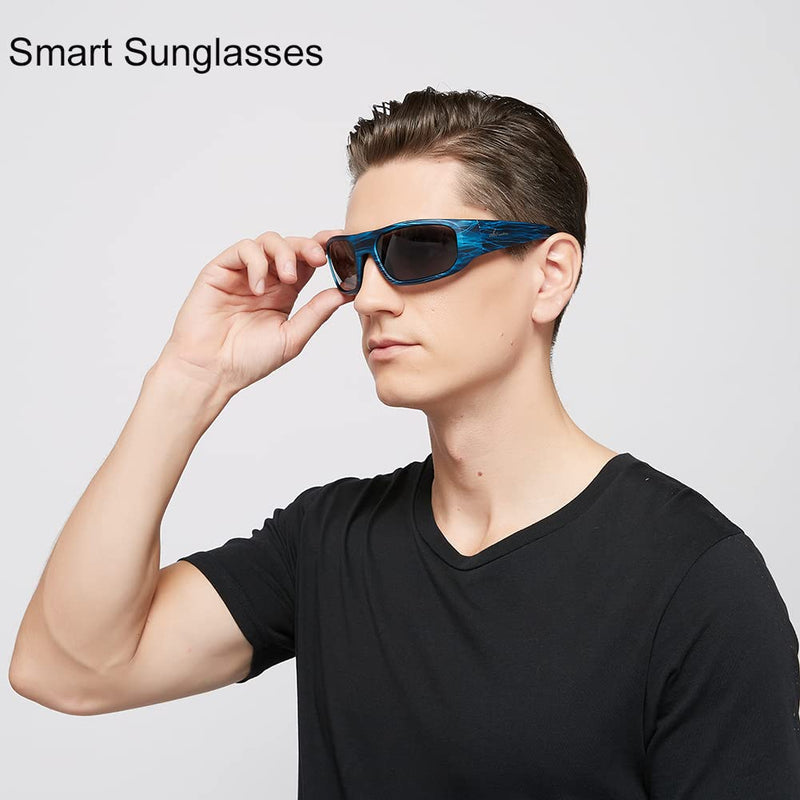 OhO Smart Glasses,Polarized Sunglasses with Bluetooth Speaker,Athletic/Outdoor UV Protection and Voice Control,Unisex(Grey Lens) Stripe Blue Frame-black lens