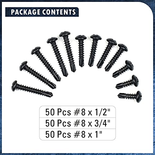 410 Stainless Steel #8 Self Drilling TEK Screw Assortment Kit, Pan Head Self Tapping Sheet Metal Screws, Length 1/2" 3/4" 1" 150 PCS - Black Oxide (Pack of 3) #8 Pan Head (Pack of 3)