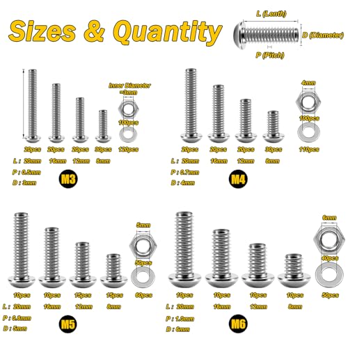 Mywish 900Pcs Metric Screw Assortment Kit, M3 M4 M5 M6 Bolts Nuts & Flat Washers, 1Pack 304 Stainless Steel & 1Pack 10.9 Alloy Steel, Button Head Socket Cap Screws Bolts Flat Washers/Nuts/Hex Spanner