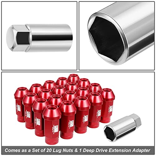 J2 Engineering J2-LN-T7-037-15-RD M12 x 1.5 T6-7075 Aluminum Closed End Lug Nuts w/Deep Drive Extension Adapter,Red, 24mm x 50mm