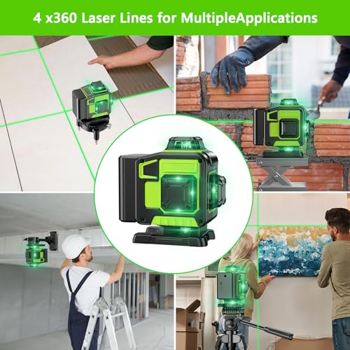 16 Line Laser Level 360 Self Leveling, 4x360°Professional 4D Green Cross Line laser Level with 2 Batteries & Remote Control, for Tiling Floor Construction and Picture Hanging
