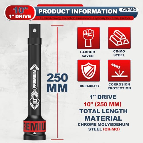 1" Drive Impact Extension Bar, 10 Inch Length Socket Extension, CR-V Steel, Narrow and Deep Areas in Household Haintenance, Trucks Tractors Repair or Industrial Operations 1" 10-Inch