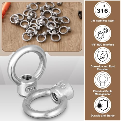 60 Pcs 1/4 Inch UNC 316 Stainless Steel Lifting Eye Nuts 60
