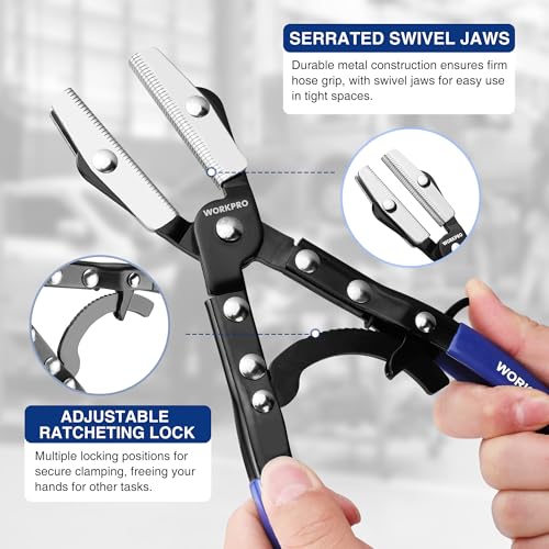 WORKPRO 3-Piece Ratcheting Hose Pinch Off Pliers Set with Storage Bag Blue