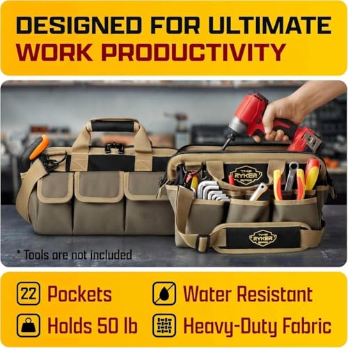 Ryker 14’’ Heavy Duty Tool Bag. Tool Box Organizer for Electricians & HVAC Khaki