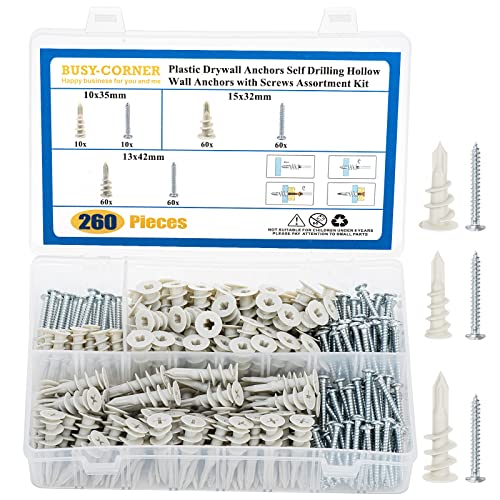 Drywall Anchors Self Drilling Hollow Wall Anchors with Screws, White Set 260 PCS, Black 260 PCS