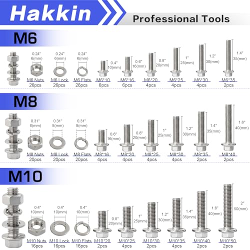 Hakkin 248Pcs Flanged Hex Bolts M6 M8 M10 Metric Bolt Assortment, Flange Hex Bolts and Nuts Kit M6 Bolt M8 x 1.25 M10-1.5 Stainless Steel Hex Head Screws Nuts Washers Assortment Kit A M6 M8 M10 Flanged Hex Head Silver (248pcs)