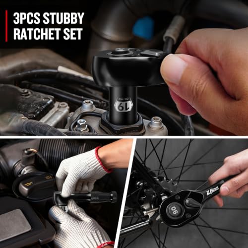 zhax 3PCS Stubby Ratchet Set, 1/4", 3/8", 1/2" Drive Mini Ratchet Wrenches 1/4", 3/8" & 1/2" Stubby Ratchets