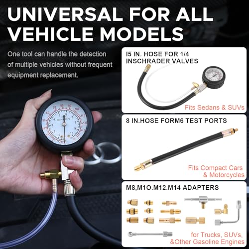 Fuel Pressure Detector kit 0-140 PSI, Universal Fuel Injection Pump Pressure Gauge kit with Quick Release Valve. ((TU-114Black) (TU-114Black）