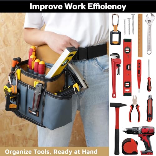 MELOTOUGH Professional Tool Belt Pouch,Small Tool Pouch with Belt,Left/Right Hammer Holder,Design Multi-Functional Pockets for Electrician/Carpenter/Construction, Waist Fits 32-50 Inches,Khaki