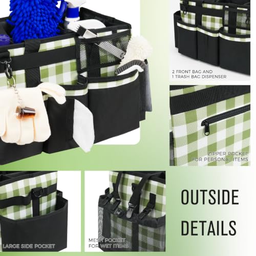 SCAVATA Wearable Cleaning Caddy, Cleaning Caddy Supplies Organizer with Handle & Shoulder Straps for Housekeepers, Under Sink & Car Cleaning Tool Organizers Bag with 4 Foldable Divider (GreenPlaid) GreenPlaid