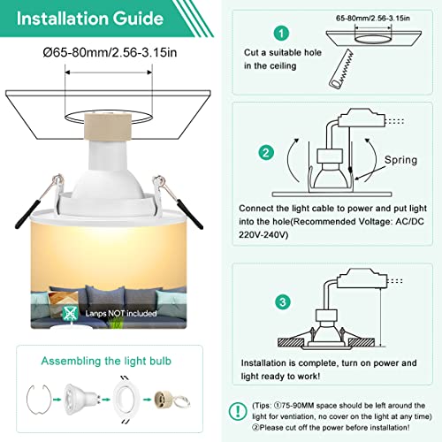 Tailcas Set of 10 Recessed Spotlights GU10 68-80 mm Hole Size Round Matt White | GU10 Recessed Frame 230V incl. GU10 Socket, 30° Swivel Recessed Spotlights and Ceiling Spotlights for LED/Halogen (Bulbs Not Included) Round, Matt White