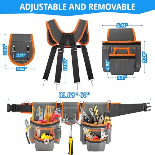 Tool Belt for Men,Magnetic Tool Pouch With Suspenders,18-Pocket Adjustable Heavy Duty Tool Organizer for Electricians, Carpenters, DIY, Construction,Gift-Fits Waists 32"-60"