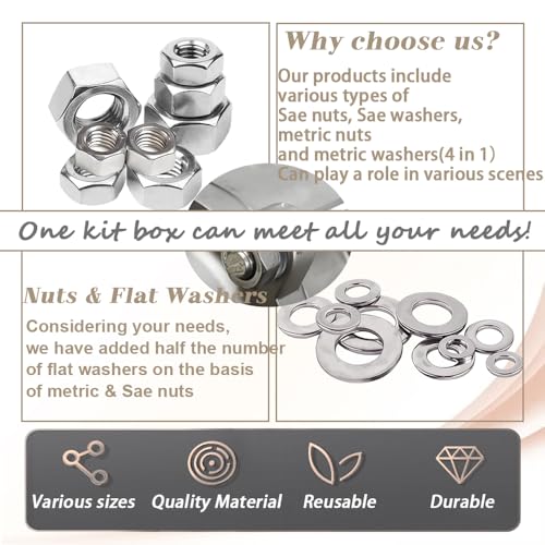 Dianrui 588PCS Metric & SAE Hex Nuts and Washers Assortment Kit, Assorted Nuts Washers 304 Stainless Steel (2#56 4#40 6#32 8#32 10#24 10#32 12#24 1/4-20 5/16-18 3/8-16 7/16-14 1/2-13 M2-M12) 21 Sizes 588PCS Metric&SAE Kit