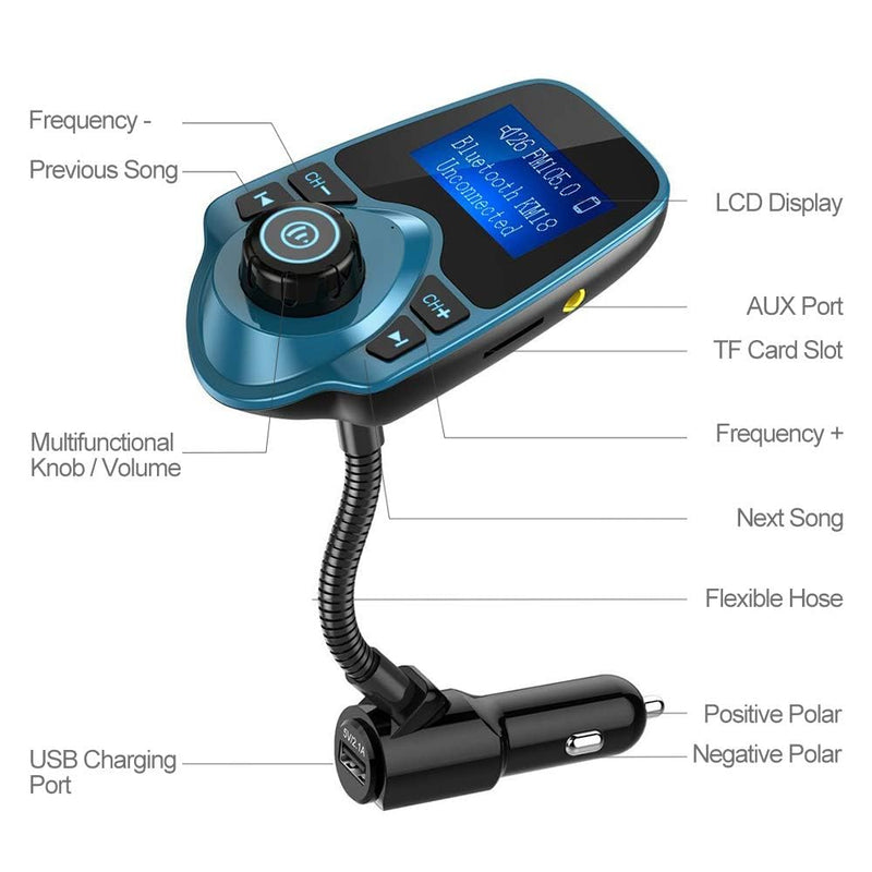 Nulaxy Bluetooth Car FM Transmitter Audio Adapter Receiver Wireless Handsfree Voltmeter Car Kit TF Card AUX 1.44 Display – KM18 Peacock Blue