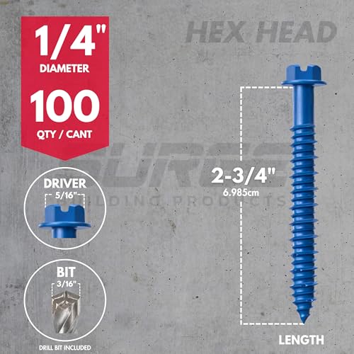 1/4" x 2-3/4" Hex Head Blue Concrete Screws with Drill Bit (Box of 100) 1/4" x 2-3/4"