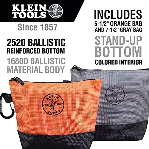 Klein Tools 55470 Utility Bag, Stand-Up Zipper Tool Bags, Orange/Black, Gray/Black, 2-Pack & 5139 Zipper Bag, Canvas Tool Pouch 12.5 x 7 x 4.25-Inch with Heavy Duty Brass Zipper Close, Natural