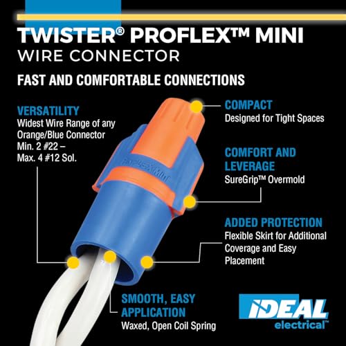 Ideal Electrical Twister Proflex Mini (30-643J) Orange/Blue Wire Connector, Jar of 500 — Compact Twist-On Wire Nuts for 22 to 12 AWG with Comfort SureGrip and Flexible Skirt Blue/Orange
