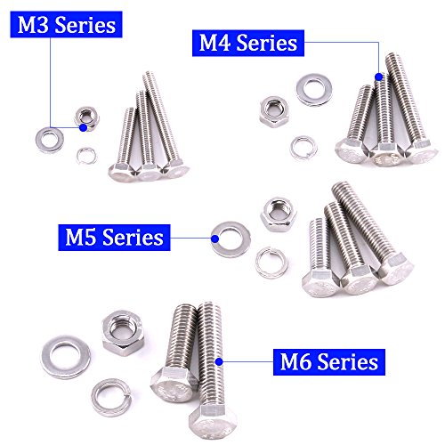 Glarks 665Pcs M3 M4 M5 M6 Stainless Steel Flat Hex Head Screws Bolts Nuts and Flat Gasket Spring Washers Assortment Set