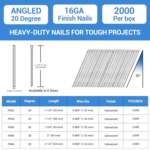 meite 16 Gauge 20 Degree Finish Nails Set 1-3/4 Inch & 2 Inch Leg Galvanized Angled Finishing Nails for Finish Nailer Cabinet Crown Baseboard