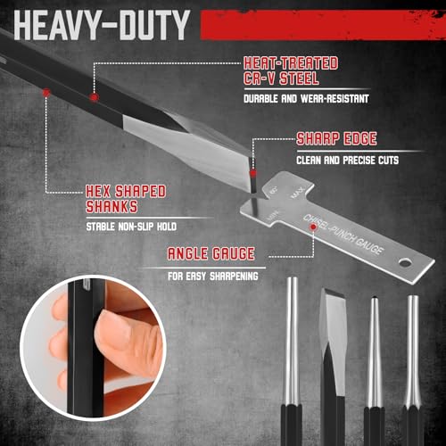 16-Piece Punch and Chisel Set, Includes Pin, Taper and Center Punch Tools, Cold Chisels and Chisel Gauge for Metalworking, Automotive Repair, Woodworking and Maintenance 16-piece Set