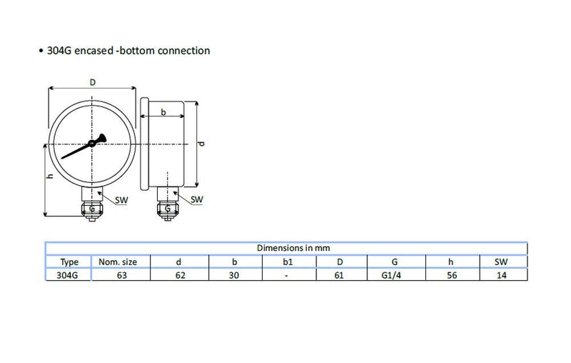 THERMIS pressure gauge 304G 1/4 connection from below (0 – 10 bar) 63 mm 0 –10 bar