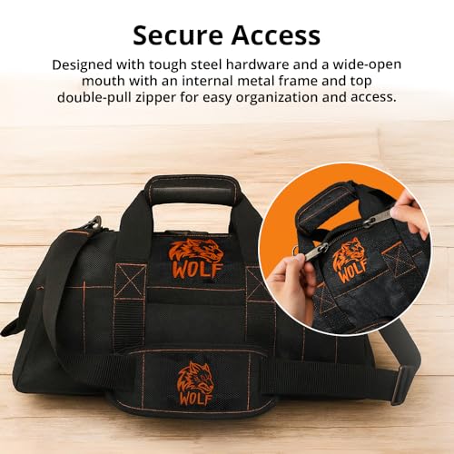 WOLF 16" Wide Mouth Tool Bag with Molded Base | Heavy-Duty 1680D Nylon | Electrician & Contractor Organizer