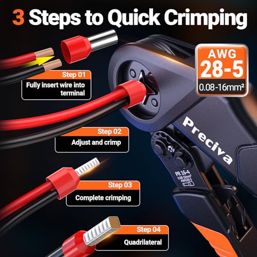 Preciva Ferrule Crimping Tool Kit with Wire Stripper, Quadrilateral Ferrule Crimper for AWG 28-5（0.08-16mm²） Self-Adjustable Ratchet Ferrule Terminals Crimping Tool with 1660Pcs Ferrules Connectors Quadrilateral Ferrule Crimping Tool Kit
