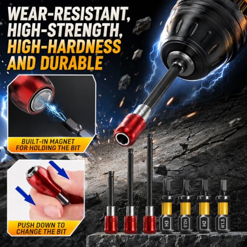 Bit Extension & Bit Holder Magnetic 1/4 Inch for Drills | 4 x hexagonal extensions 60-200 mm, 3 x self-locking 60-150 mm, 8 x bits H1.5-H6, variable length dimensions