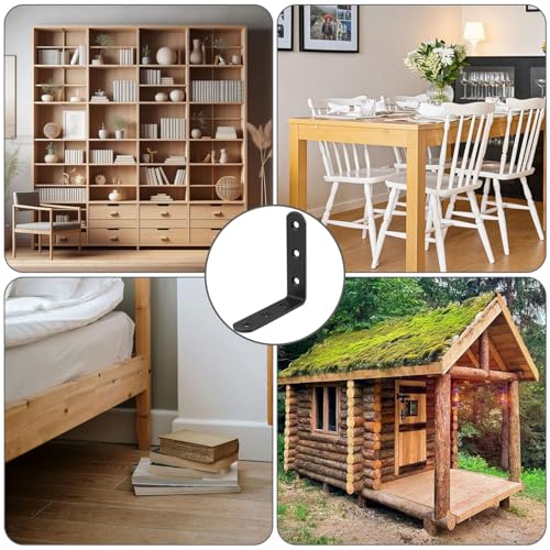 12 PCS Black L Brackets for Wood, 4" x 4" Heavy Duty L Corner Brace 90 Degree Metal Right Angle Bracket for Shelves, Furniture, Cabinets, Thickness 3MM, Included 72 PCS Screws 100x100MM