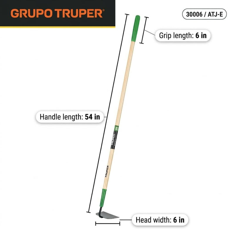Truper TruTough Meadow Hoe, 6-Inch Steel Head, 54 in Wood Handle with 6-Inch Grip, Heavy-Duty Garden Hoe for Weeding & Soil Cultivation (Model 30006)