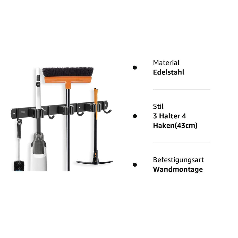 Broom holder wall, IBELL device holder wall mount stainless steel with 3 holders and 4 hooks, garden tool holder, broom holder, mop holder, self-adhesive tool holder, wall hook without drilling for garden, garage, 1 piece, 3 holders, 4 hooks (43 cm)