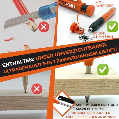 THORVALD Zimmermannswinkel 5-in-1 - Protractor Try Square + Deep Hole Marker - Aluminum Angle with 180 mm Side Length for Precise Marking & Drawing / Multifunctional Perfect to Save Time Angle 180 mm + pencil