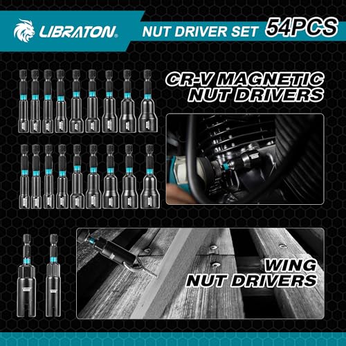 LIBRATON 54PCS Magnetic Nut Driver Set, Impact Drill Driver Bit Set 1/4" Metric & SAE 54PCS